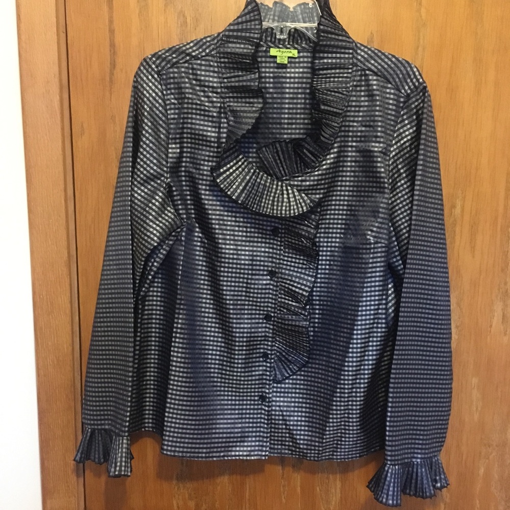 Agora Ruffle Gray/Black Check Blouse  XL